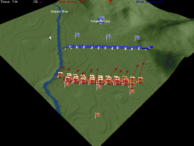 The War College: Universal Military Simulator 3 (DOS) screenshot: Pharsalus, starting phase. The armies of Caesar (red) and Pompejus (blue) take battle formation. All flags, symbols and arrows can be disabled for better view.