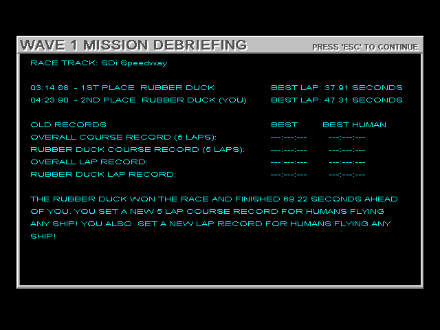 Operation: Inner Space (Windows 3.x) screenshot: Race results (SVGA)