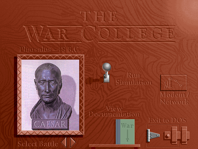 The War College: Universal Military Simulator 3 (DOS) screenshot: Main screen and scenario selection.