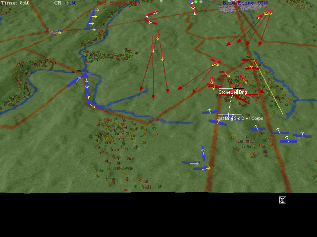 The War College: Universal Military Simulator 3 (DOS) screenshot: Antietam, rifle combat between Confederate and Union units.