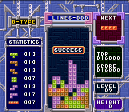 Tetris & Dr. Mario (SNES) screenshot: Clear 25 lines (and put the best record only with it) in Tetris B-Type mode is the main objective.