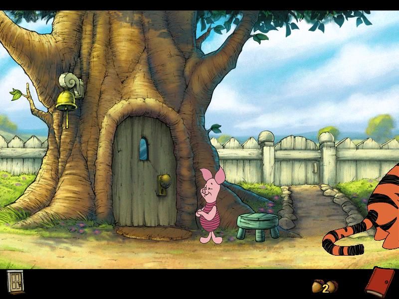 Piglet's Big Game (Windows) screenshot: Here we are at Rabbits house; whose tail is that?!