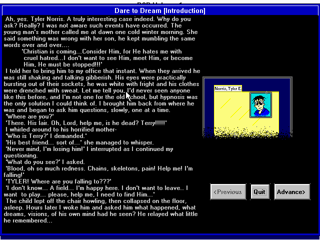 Dare to Dream Part One: In a Darkened Room (Windows 3.x) screenshot: Intro page 1