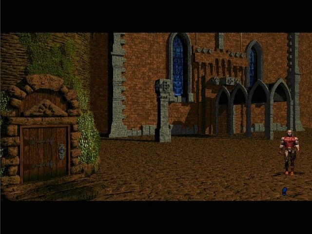 Chronicles of the Sword (DOS) screenshot: When the cursor turns into a blue walking animation, that means you can go to a new screen.
