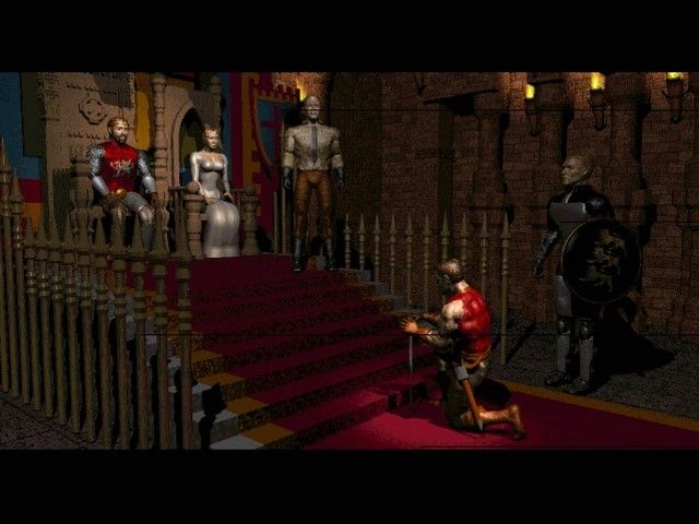 Chronicles of the Sword (DOS) screenshot: Scene during the intro. The king is talking to you boy!