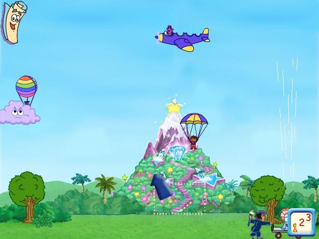 Dora the Explorer: Dance to the Rescue (Windows) screenshot: Parachuting down to Star Mountain - we had to avoid the Dancing Elf's giant fan.