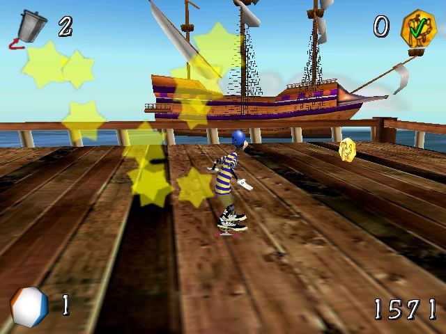 Disney's Extremely Goofy Skateboarding (Windows) screenshot: A pirate ship in the distance