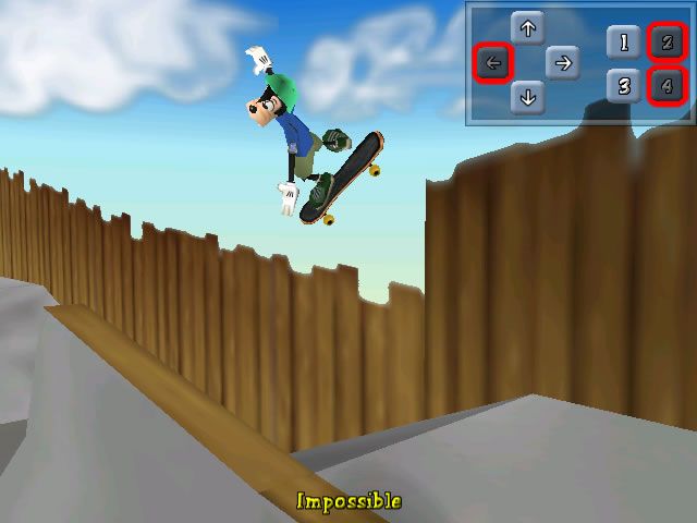 Disney's Extremely Goofy Skateboarding (Windows) screenshot: Tricks can be practised in this mode. The right combination is shown in the top right corner.