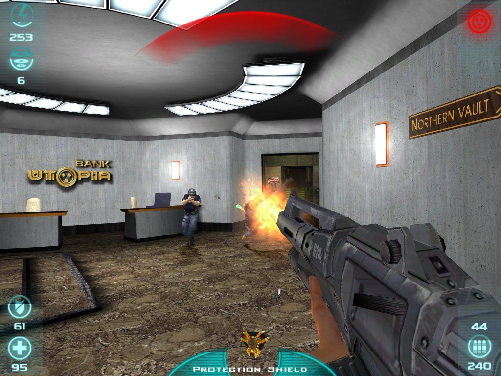 Utopia City (Windows) screenshot: Getting into a firefight. If you kill anyone, a spinning 'info-disk' appears. Collect it and you will have freed them from this sinister place. So what does this make you? Mass-murderer or saviour?