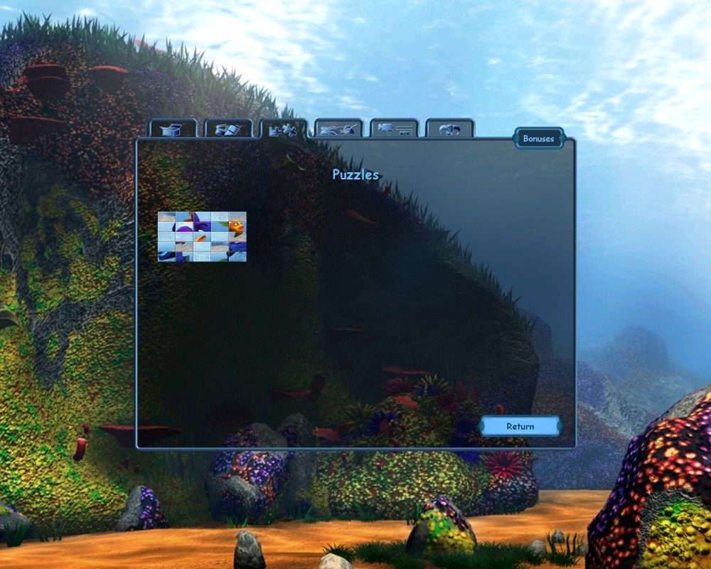 The Fish Fillets II (Windows) screenshot: Bonus menu: the first bonus gain is a puzzle.