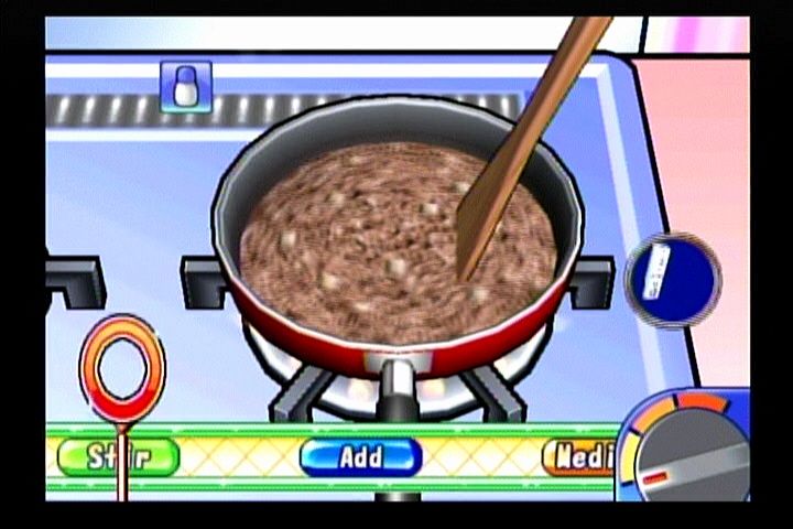 Cooking Mama: Cook Off (Wii) screenshot: Swirling the Wiimote to stir.