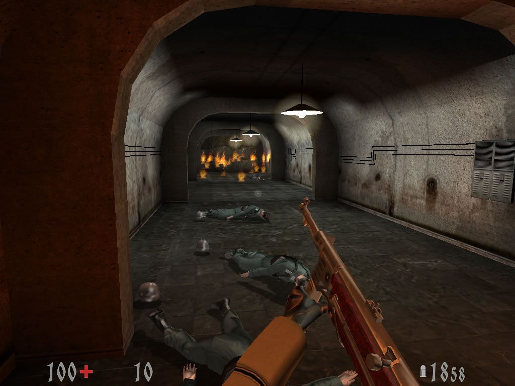 Wolfschanze (Windows) screenshot: Three men down and a heavy explosion in the back.