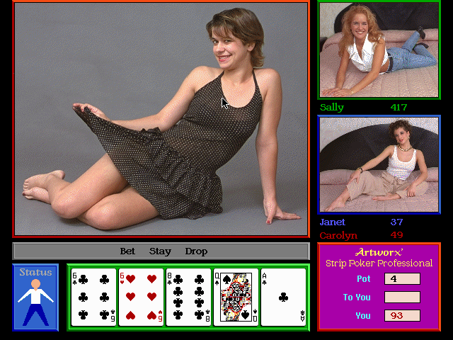 Strip Poker Professional: Rev B (DOS) screenshot: Carolyn without shoes.