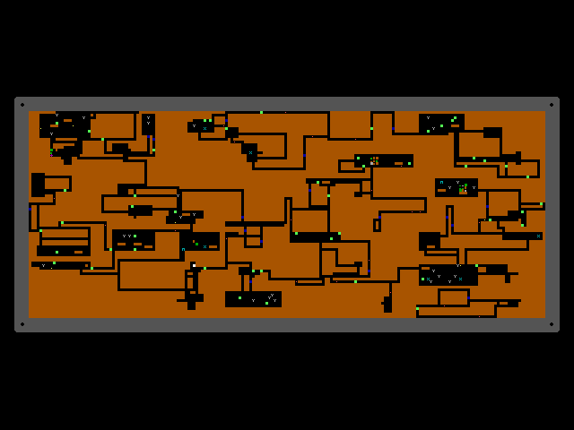Reaping the Dungeon (DOS) screenshot: Overview map of the level. Optional visual orbs reveal all walls, creatures, plants and treasure on the level.