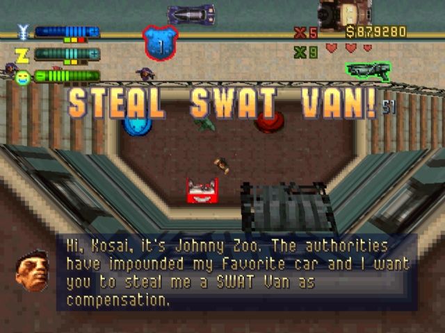Grand Theft Auto 2 (PlayStation) screenshot: Johnny Zoo hires me to steal a SWAT van.