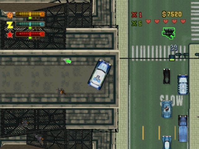 Grand Theft Auto 2 (PlayStation) screenshot: I'm in a car on the rooftop, preparing for another insane stunt.