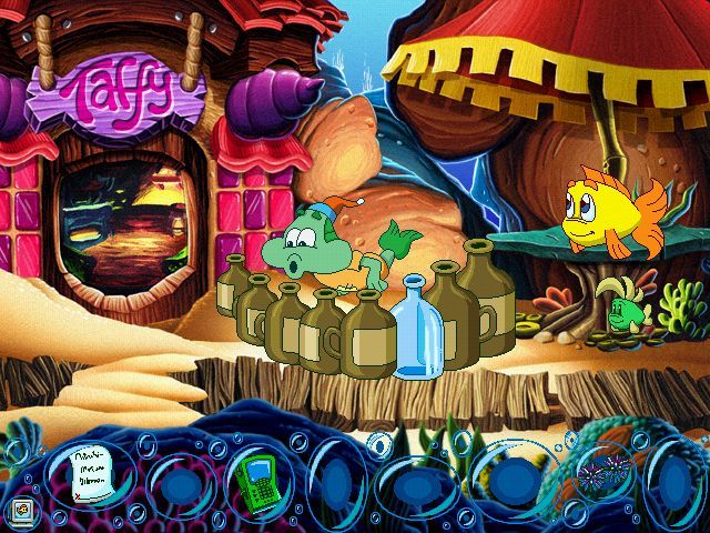 Freddi Fish 5: The Case of the Creature of Coral Cove (Windows) screenshot: This is Laren, the one-fish-jug-band - he's missing a jug and glass just doesn't cut it...