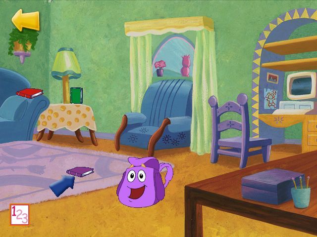 Dora the Explorer: Backpack Adventure (Windows) screenshot: Dora's room - finding the books to fill Backpack.