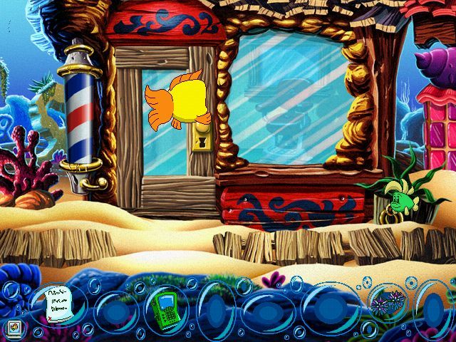 Freddi Fish 5: The Case of the Creature of Coral Cove (Windows) screenshot: The Barbershop appears to be locked. Barbershop? For Fish?
