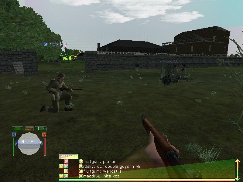 WWII Online: Blitzkrieg (Windows) screenshot: Soldiers and an anti-tank gun taking off from spawn to join in the battle.