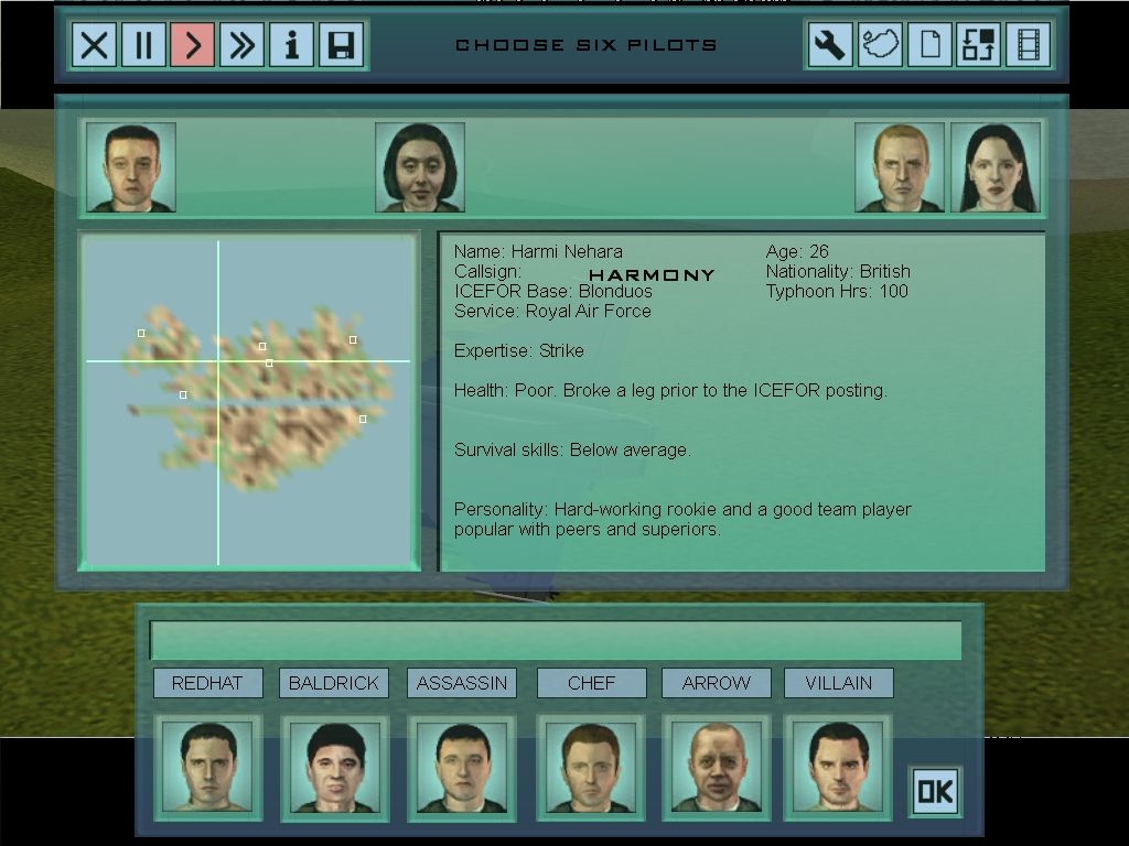 Eurofighter Typhoon (Windows) screenshot: First we must choose six pilots.