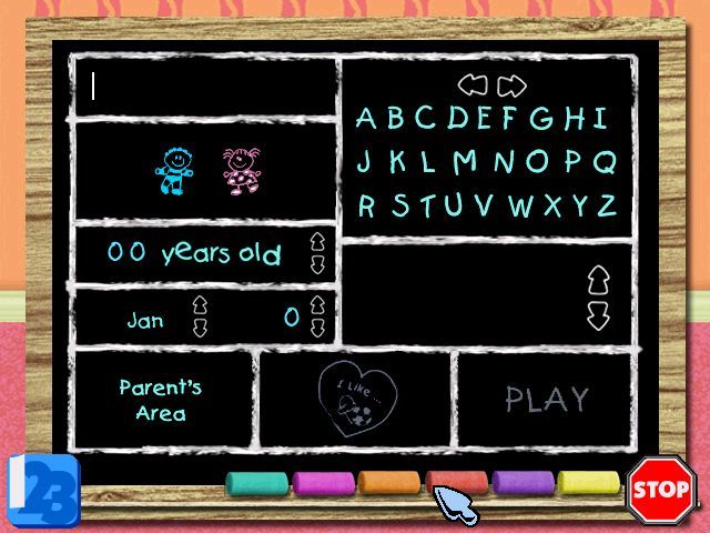 Blue's Clues Kindergarten (Windows) screenshot: Signing in on the extended blackboard; pick a chalk color first