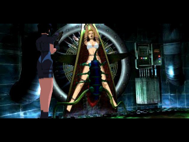 Fear Effect 2: Retro Helix (PlayStation) screenshot: Hana watches as Rain takes a ride with the "lovebug".