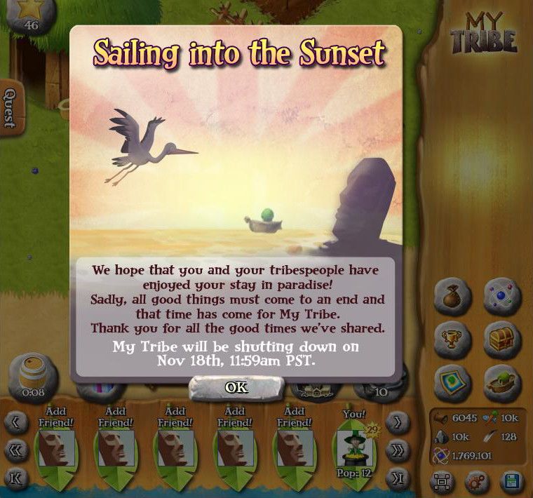 My Tribe (Browser) screenshot: Message from Big Fish Games that they were sunsetting (ending) this game.
