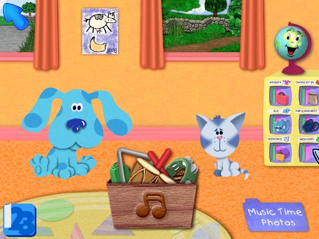 Blue's Clues: Blue Takes You to School (Windows) screenshot: Here's the music activities box...but first listen to the globe