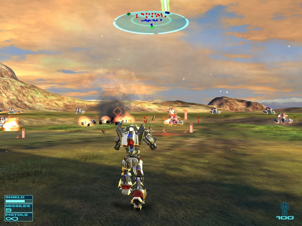 Gun Metal (Windows) screenshot: First try, using the mech form and its pistols to destroy the enemy tanks.