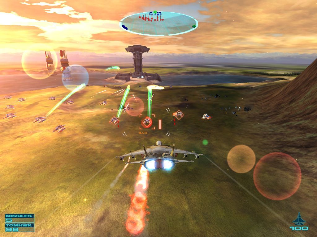 Gun Metal (Windows) screenshot: The vulcan cannon is too weak, air-to-ground-missiles are much better.