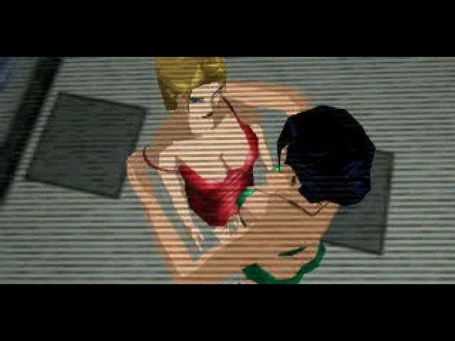 Fear Effect 2: Retro Helix (PlayStation) screenshot: Putting on a show for the surveillance cameras!