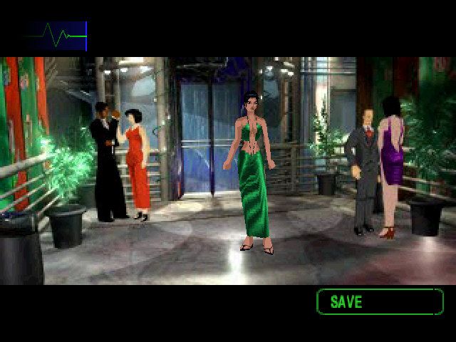 Fear Effect 2: Retro Helix (PlayStation) screenshot: Infiltrating a party bond-style.
