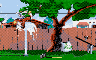 Hare Raising Havoc (DOS) screenshot: It seems that Roger has a little problem with water gushed from the hose.