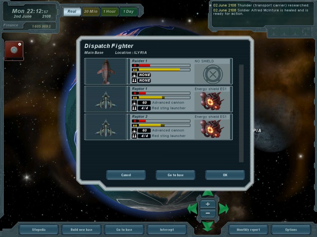 UFO: Extraterrestrials (Windows) screenshot: Two Fighters (Raptor) and my Troopcarrier (Raider) are in the base.