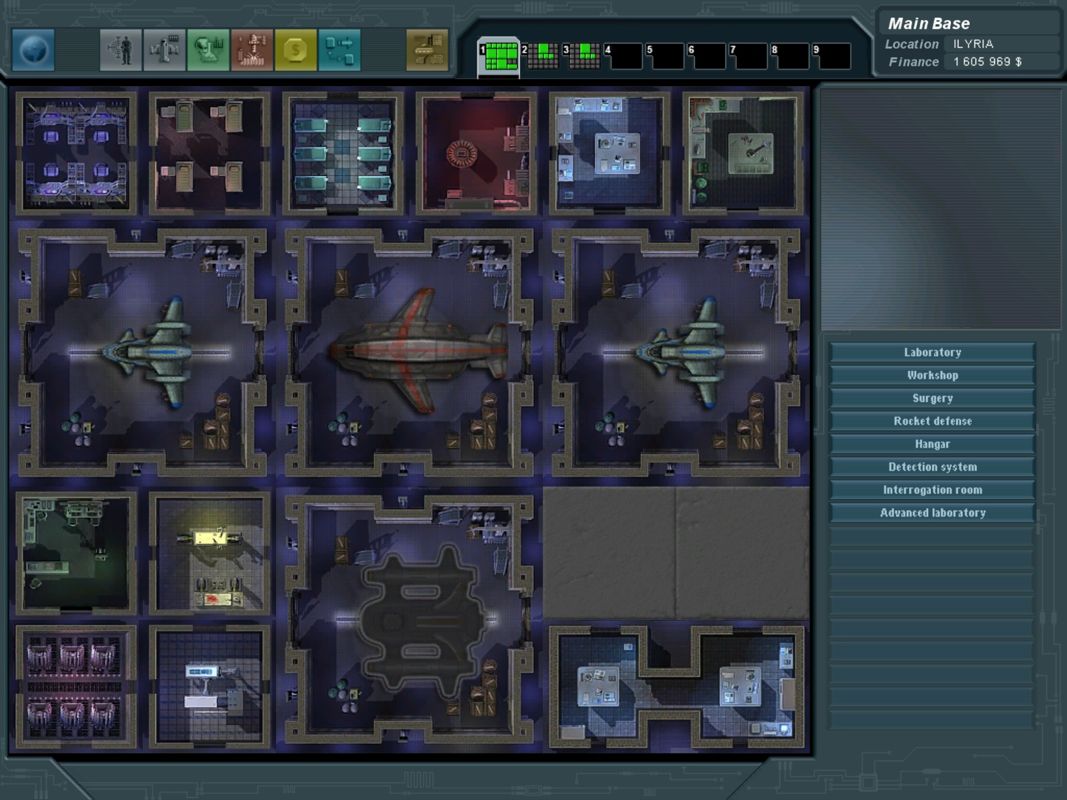 UFO: Extraterrestrials (Windows) screenshot: My main base. Note that in the bottom hangar a new ship is being built.