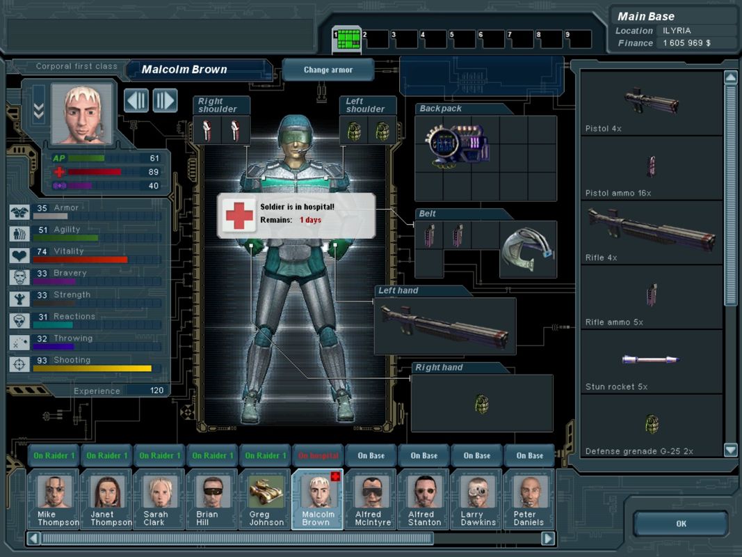 UFO: Extraterrestrials (Windows) screenshot: The inventory screen of your troops in the base. Malcolm was wounded in the last fight but he'll be up and about again in one day.