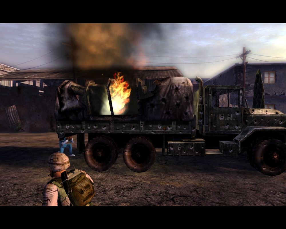Full Spectrum Warrior (Windows) screenshot: Our convoy got hit by some RPG-fire.