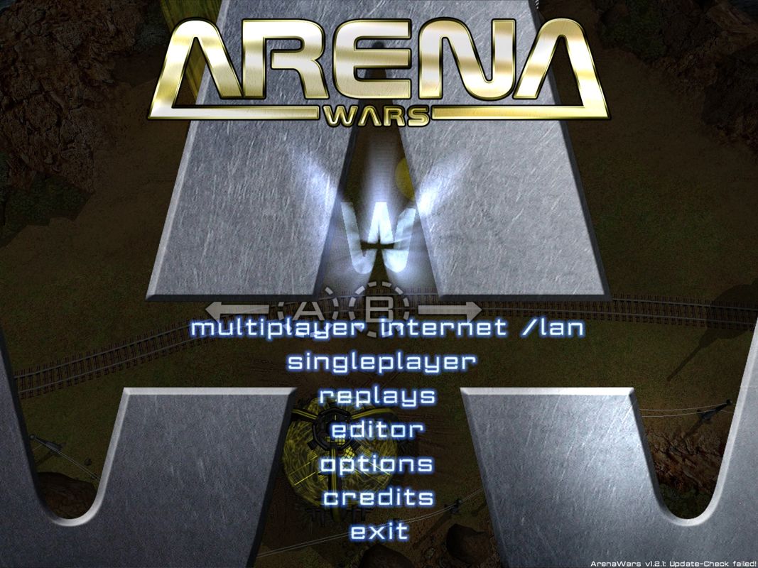 Arena Wars (Windows) screenshot: Main menu. On all screens there's a computer match playing in the background.