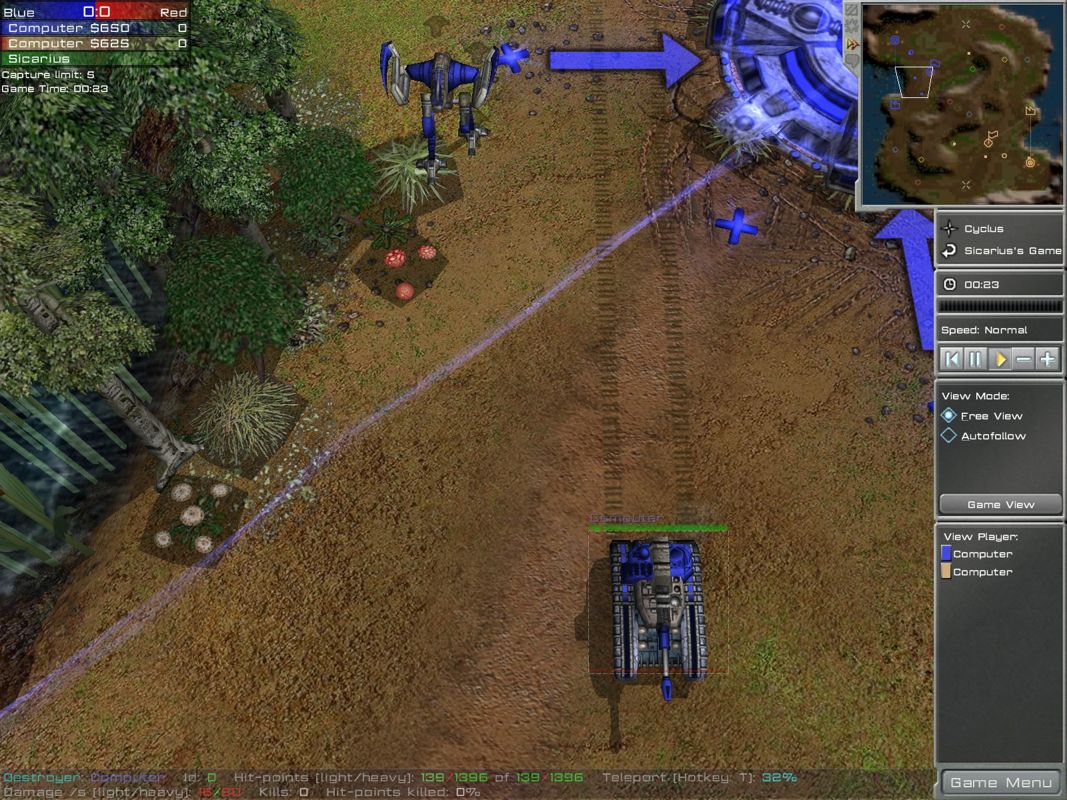 Arena Wars (Windows) screenshot: Blue sends its first units to capture the flag.
