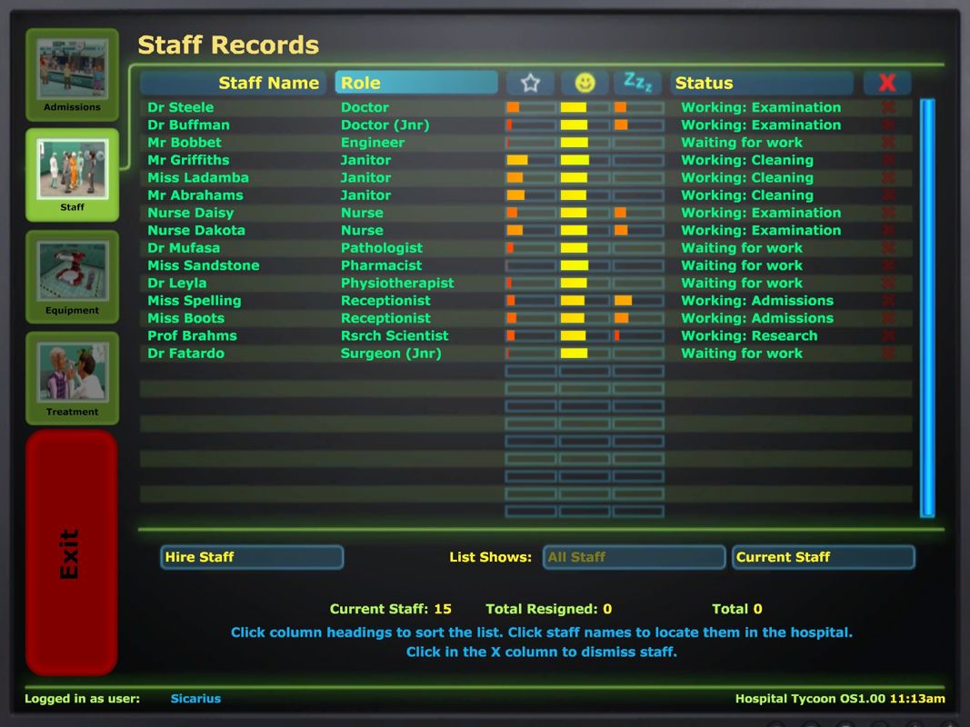 Hospital Tycoon (Windows) screenshot: Your currently employed staff members. You can also hire new staff from here.