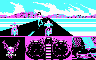 Harley-Davidson: The Road to Sturgis (DOS) screenshot: The start of a drag race. (CGA)