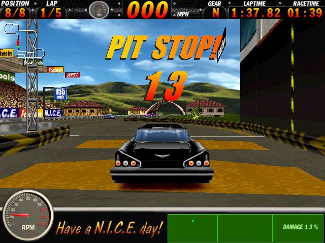 Have a N.I.C.E. day! (Windows) screenshot: If you damage your car, you can repair it in the pit-stop.