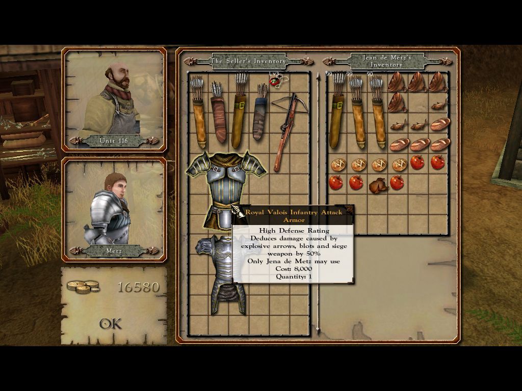 Wars and Warriors: Joan of Arc (Windows) screenshot: The blacksmith sells new weapons and armor.