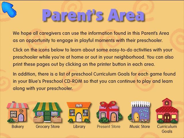 Blue's Clues Preschool (Windows) screenshot: Some information about the Parent's Area