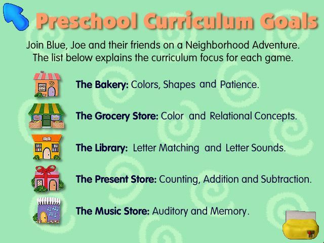 Blue's Clues Preschool (Windows) screenshot: Curriculum goals for each location