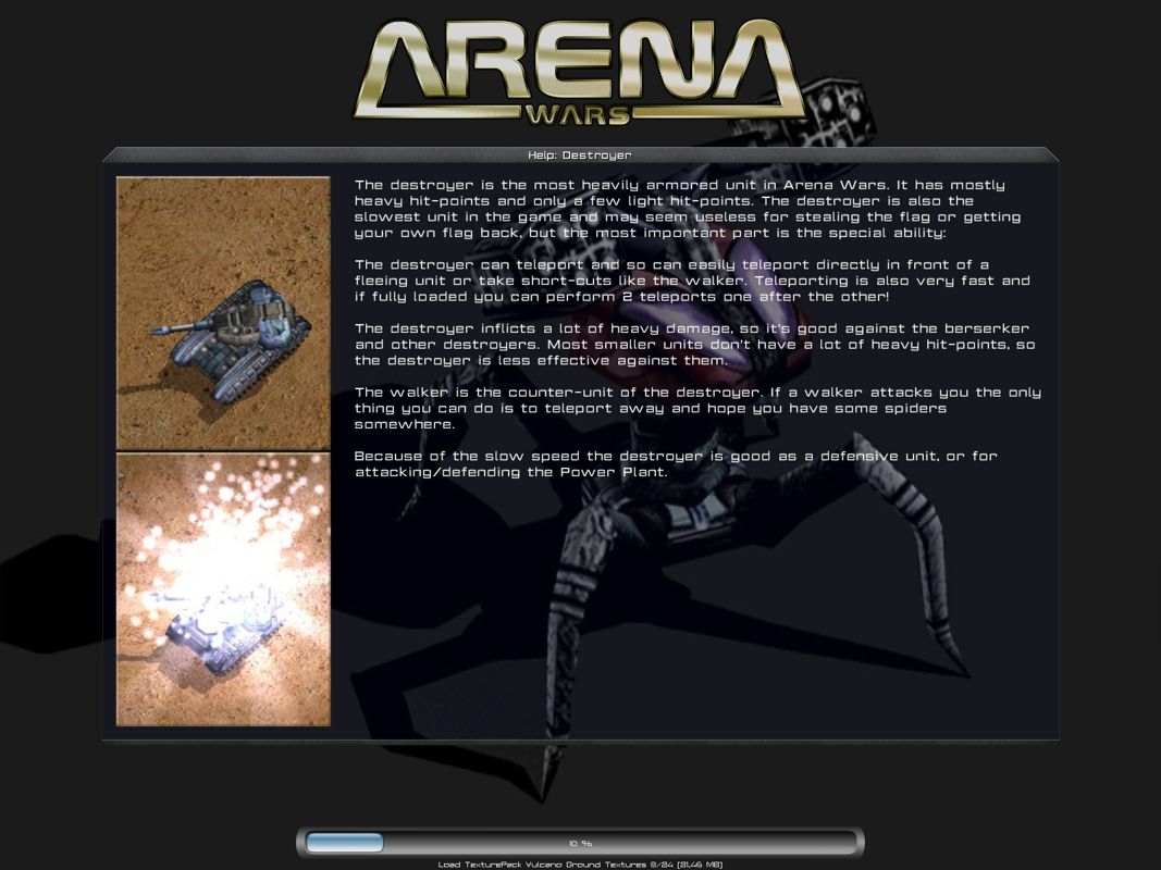 Arena Wars (Windows) screenshot: Loading screen with information about the various units