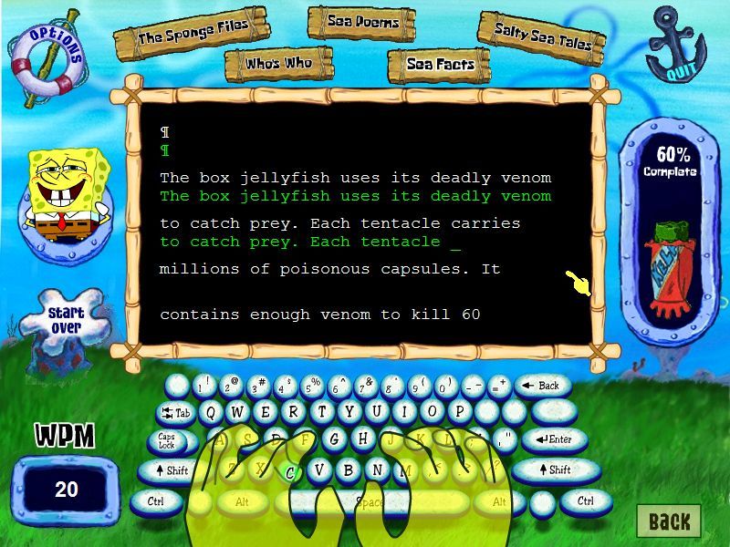 SpongeBob SquarePants: Typing (Windows) screenshot: The game tracks your words per minute and shows you a completion gauge.