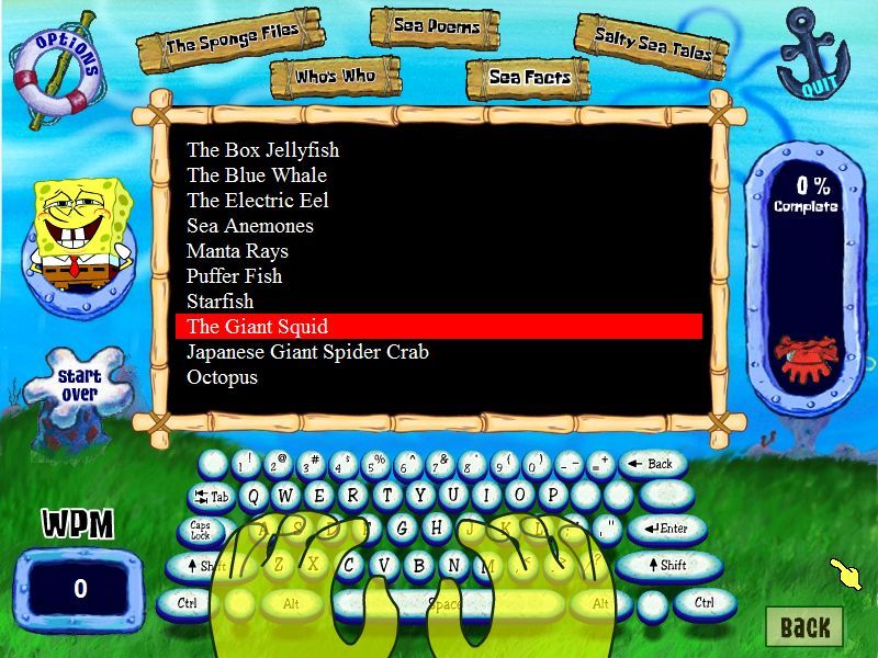 SpongeBob SquarePants: Typing (Windows) screenshot: Some of the many lessons in the practice area