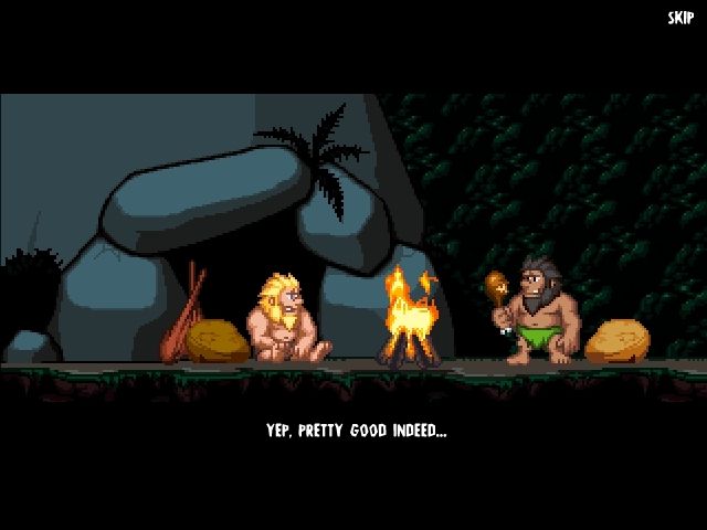 Cave Days (Windows) screenshot: Intro cutscene: Dawson and Ugo after a good day of dinosaur hunting.